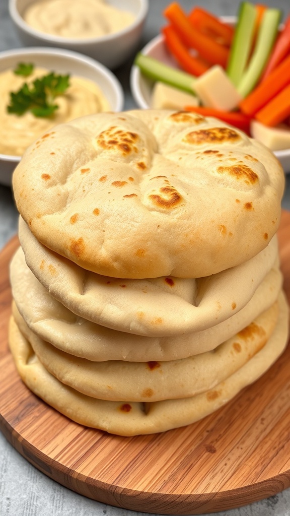 Freshly baked pita bread stacked on a wooden board with hummus and vegetables in the background.